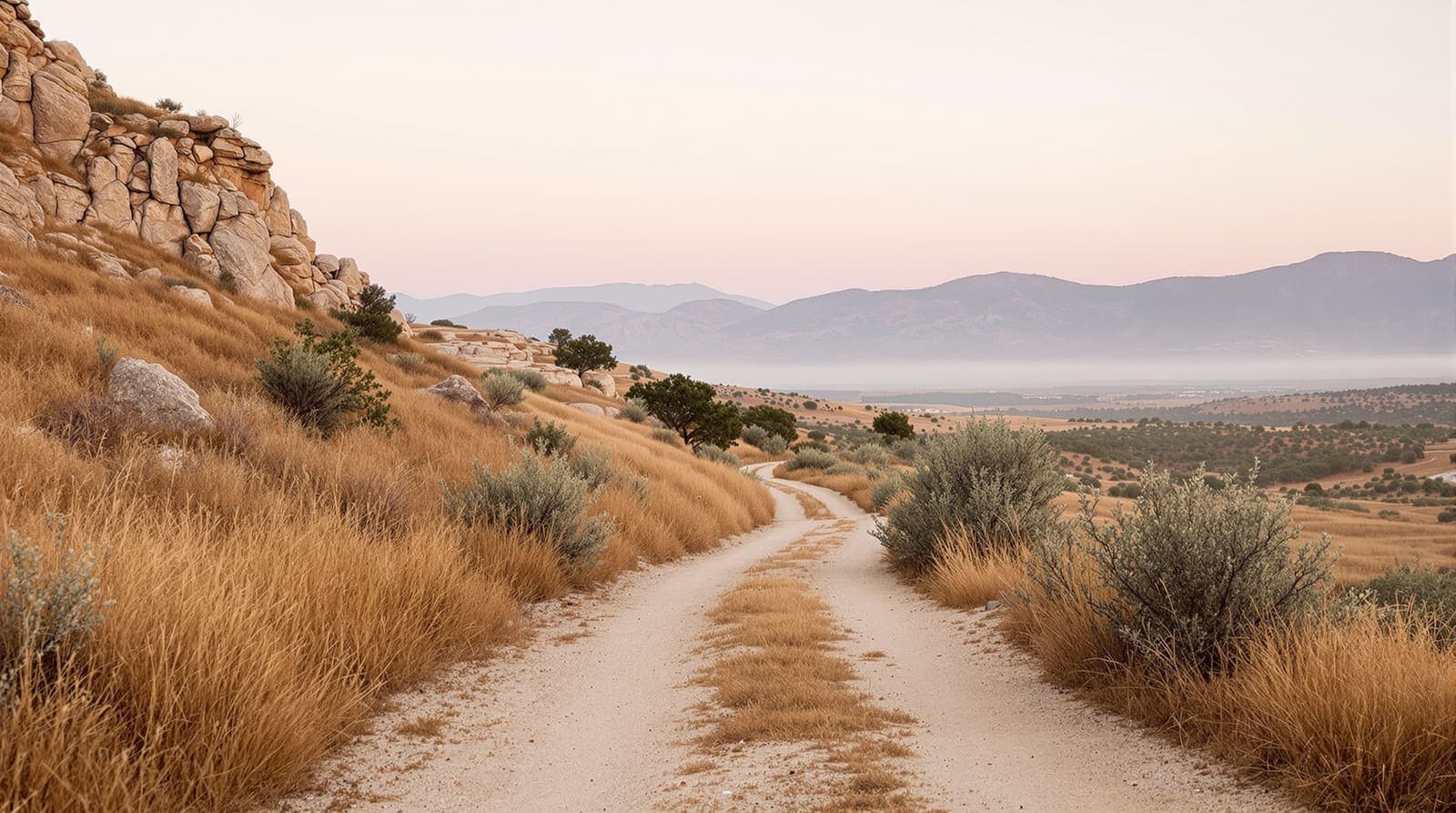 Illustration of dry scrubland and olive terraces on the edge of a Lower Galilee community at dawn.