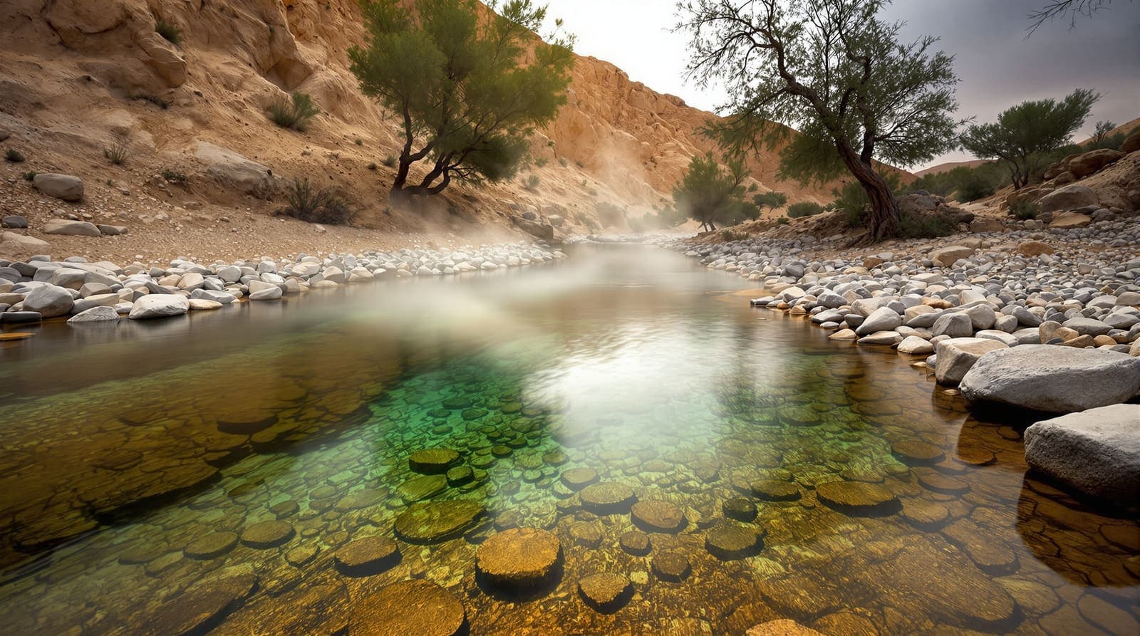 Illustration of a still, warm freshwater pool in a rocky limestone streambed among scrub hills at dawn.
