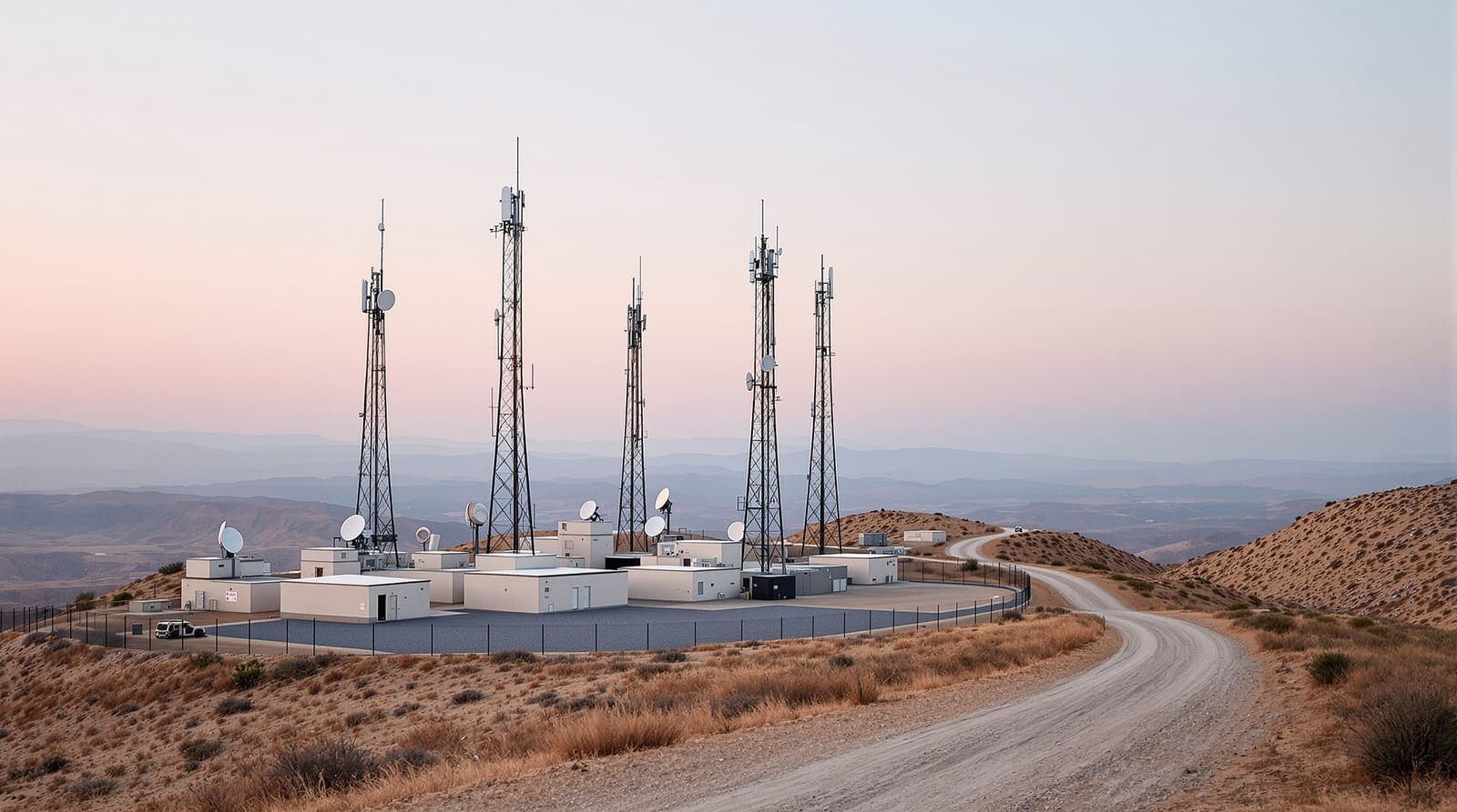 Illustration of communications masts and antennas on a fenced hilltop compound in Israeli scrub country at dawn.