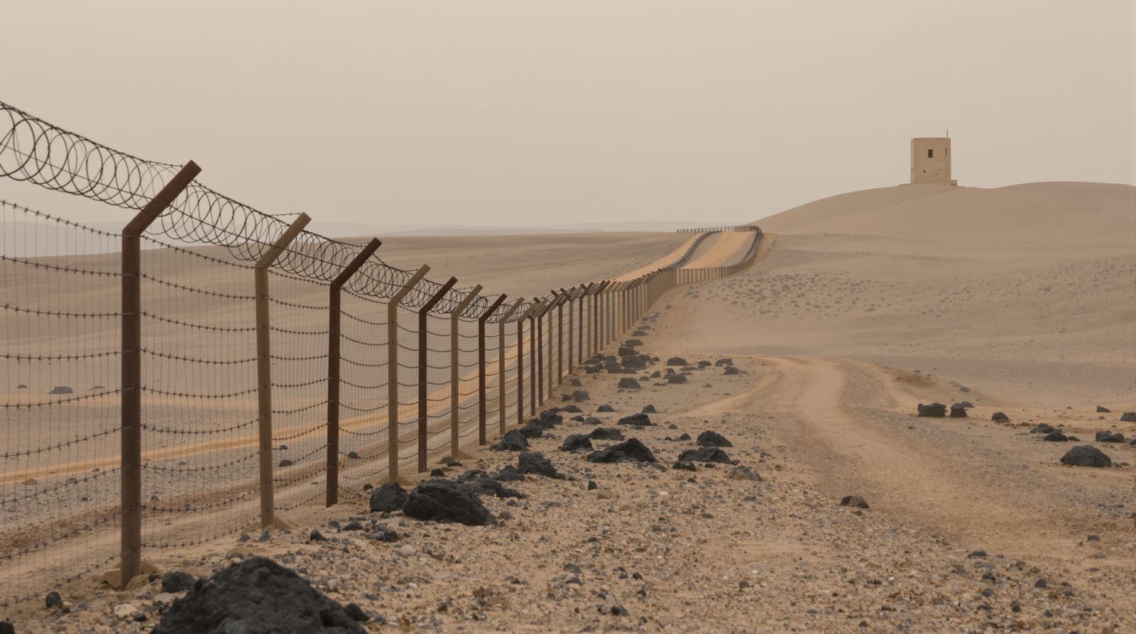 Illustration of a razor-wire border fence and patrol track crossing a stony plateau in northern Jordan at dawn.