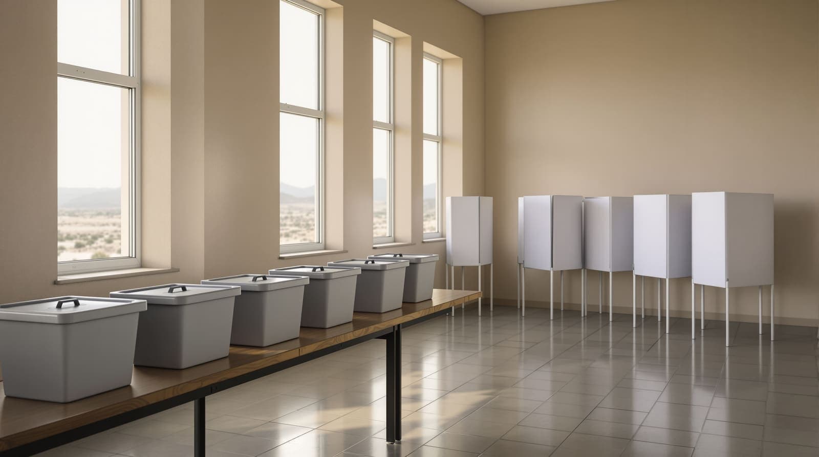 Illustration of an empty polling station in a Negev community hall with plain ballot boxes on a table at dawn.