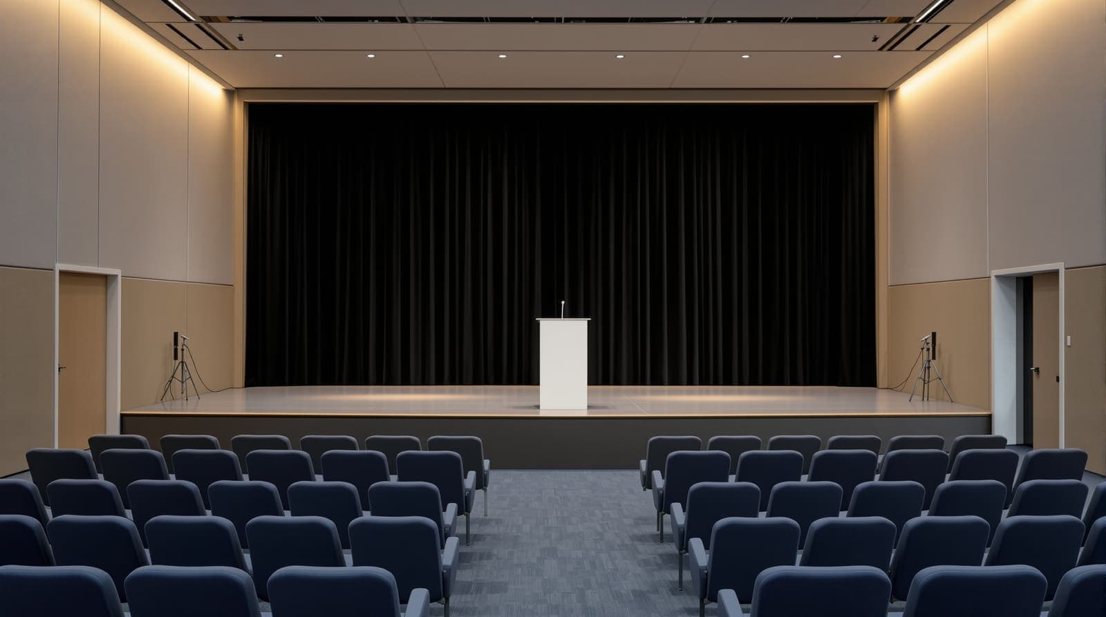 Illustration of an empty conference hall with a lectern on stage and rows of vacant seats before an event.