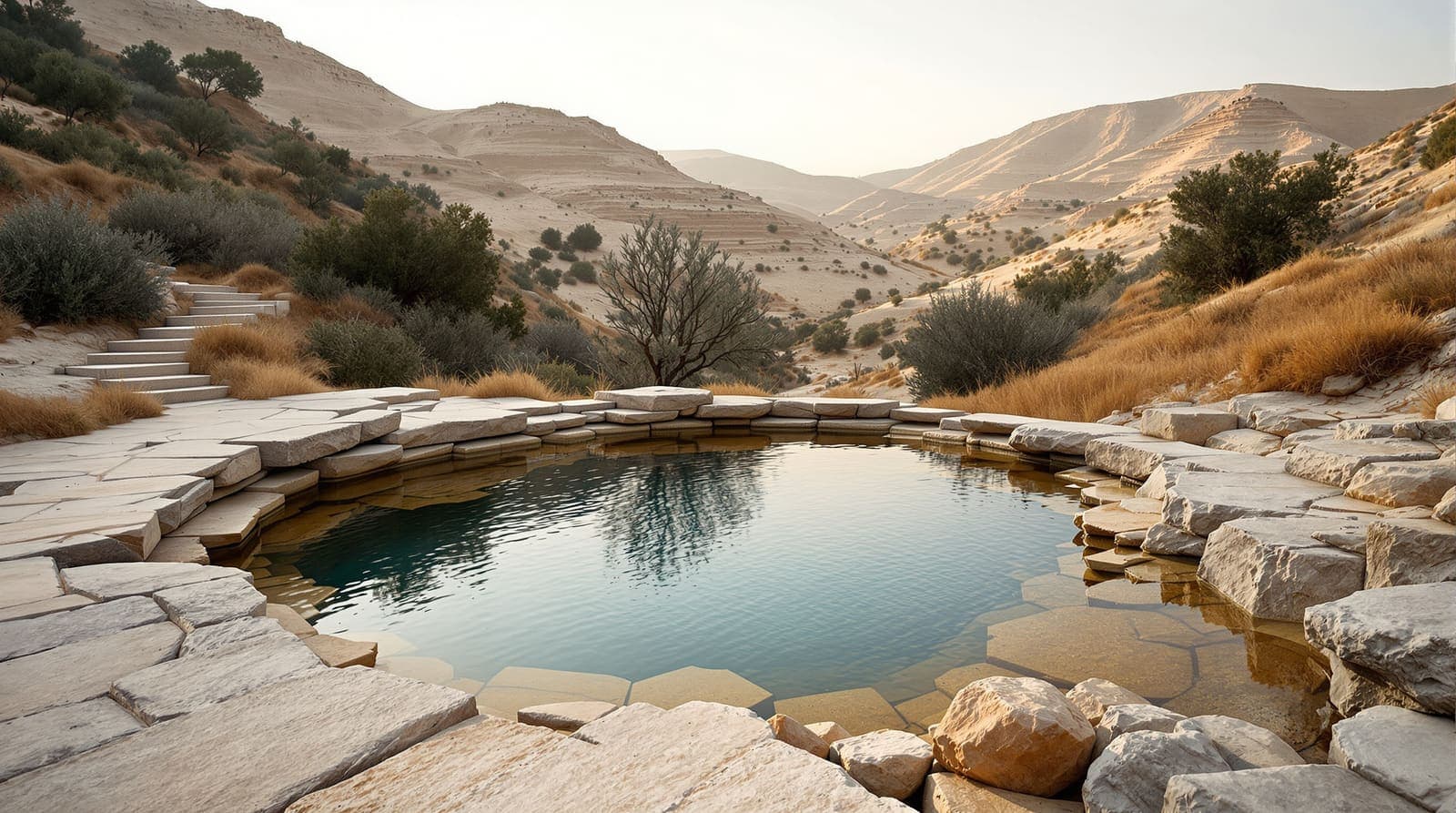 Illustration of a quiet limestone spring pool and terraced olive slopes in the West Bank hills at dawn.