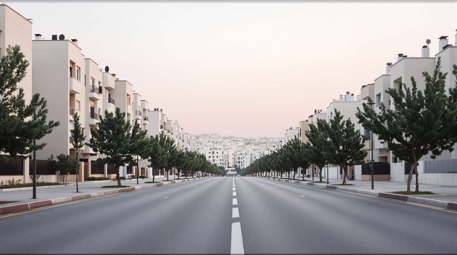 Illustration of an empty city avenue lined with pale apartment blocks and trees at dawn, a quiet urban setting in Israel.
