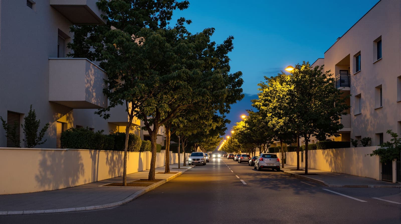 Illustration of a quiet residential street of pale concrete apartment blocks and ficus trees in Tel Aviv at dusk