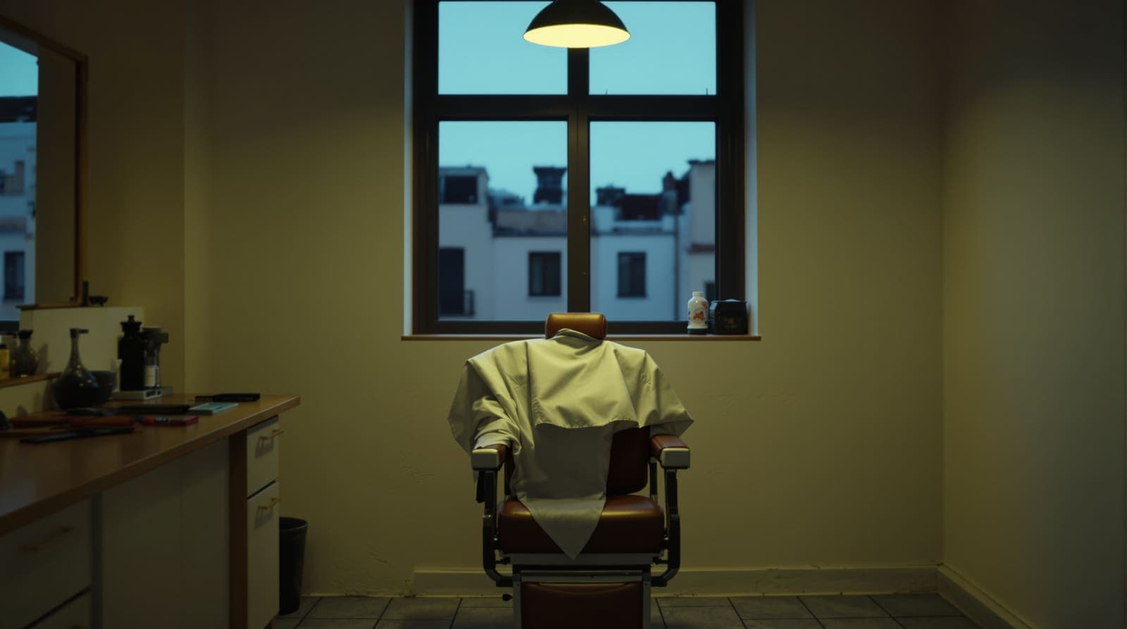Illustration of an empty barber chair inside a quiet small-town barbershop at dusk, with pale stone buildings blurred beyond the window.