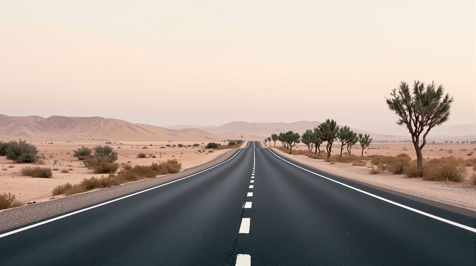 Illustration of an empty desert highway curving through the northern Negev hills near Omer under a soft overcast dawn sky.