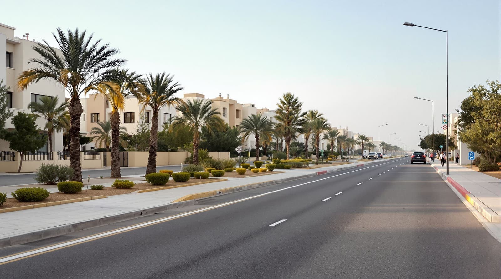 Illustration of a quiet palm-lined boulevard with a bike lane in a southern Israeli town in soft morning light