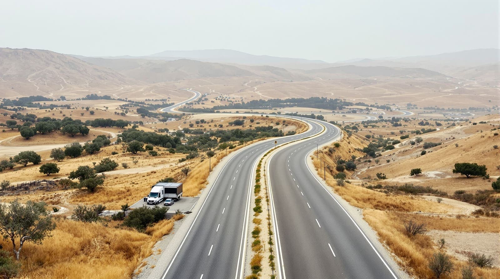 Illustration of a quiet multi-lane highway curving through pale hills and olive groves in central Israel on an overcast morning.