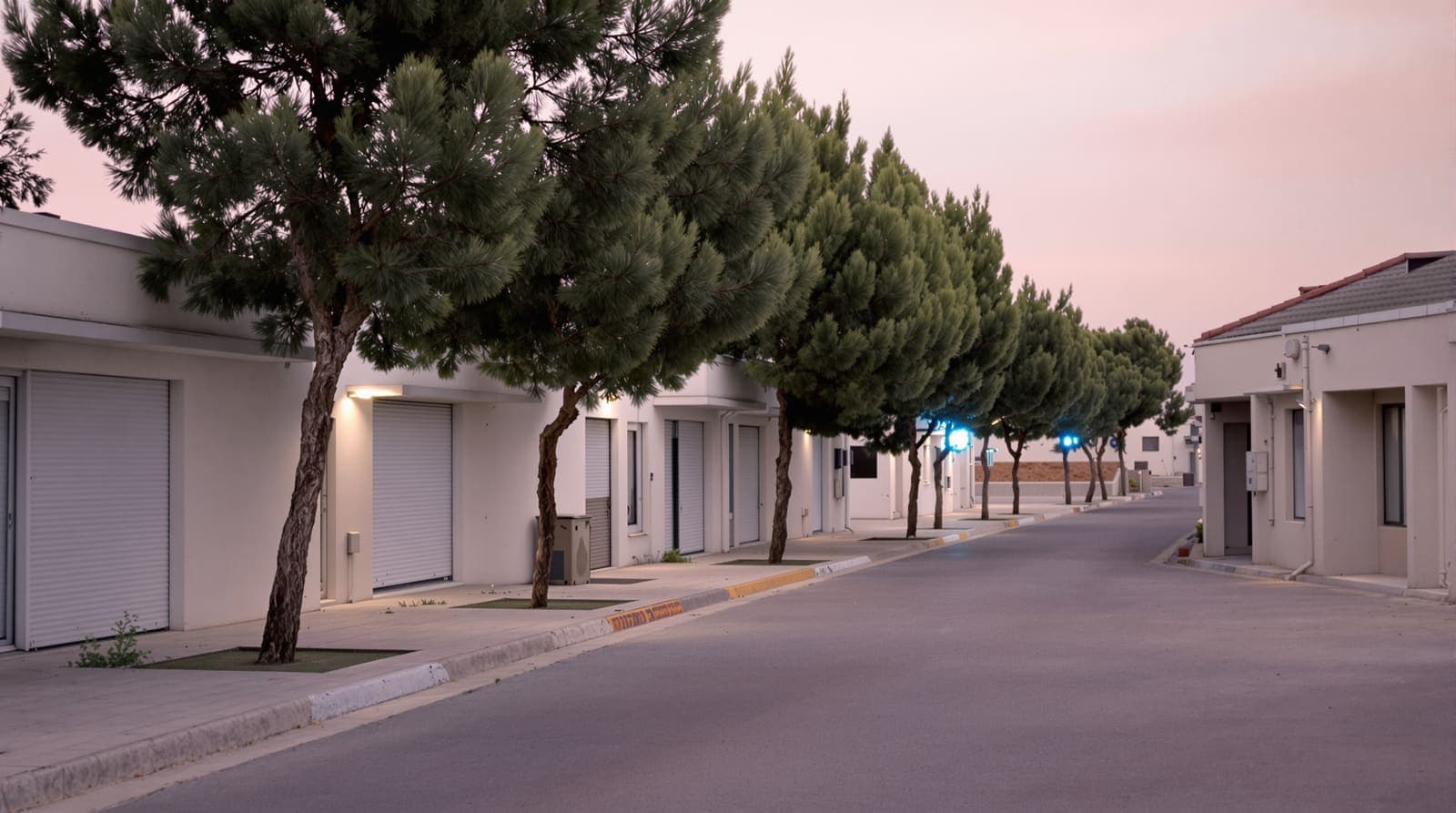Illustration of a quiet residential street of pale concrete apartment blocks and eucalyptus trees in Sderot at dawn.