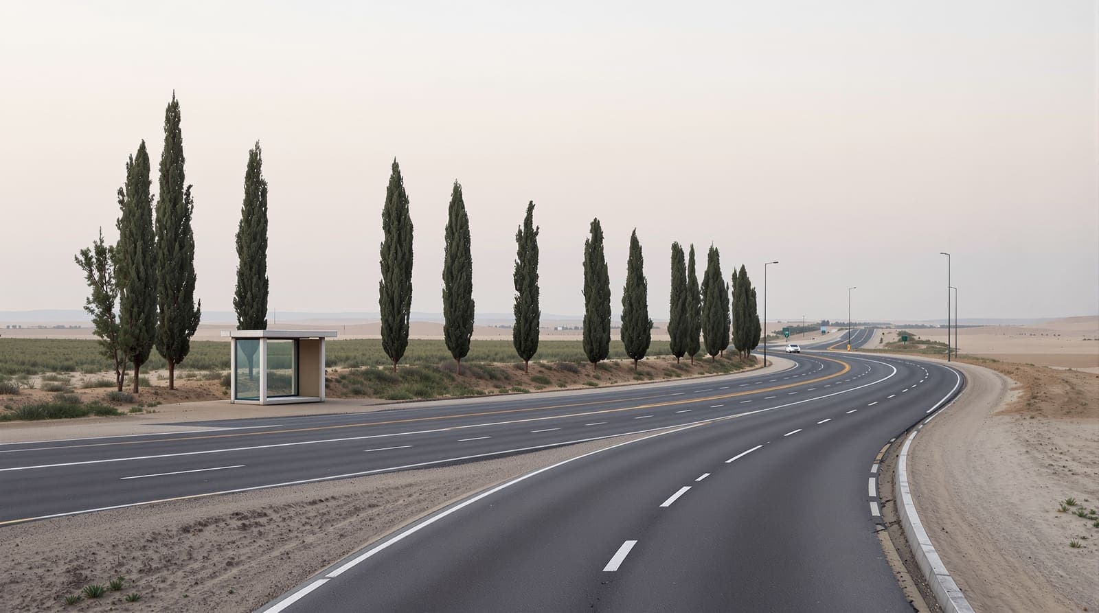 Illustration of an empty coastal highway junction lined with eucalyptus trees near Or Akiva under a pale dawn sky