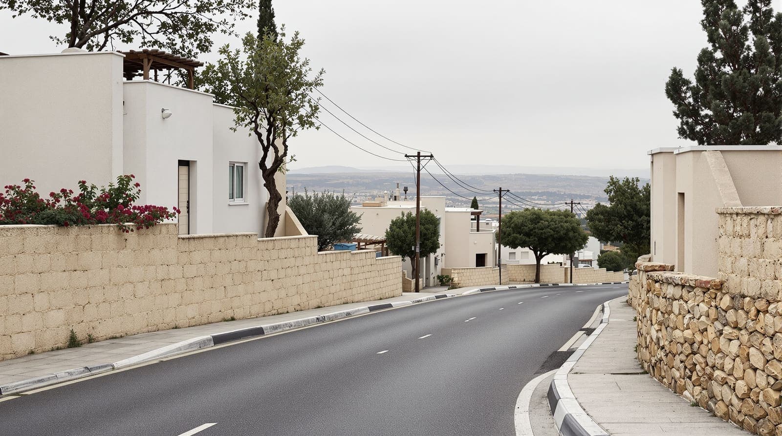 Illustration of a quiet hillside street of pale stone houses in Yafia, near Nazareth, under an overcast sky