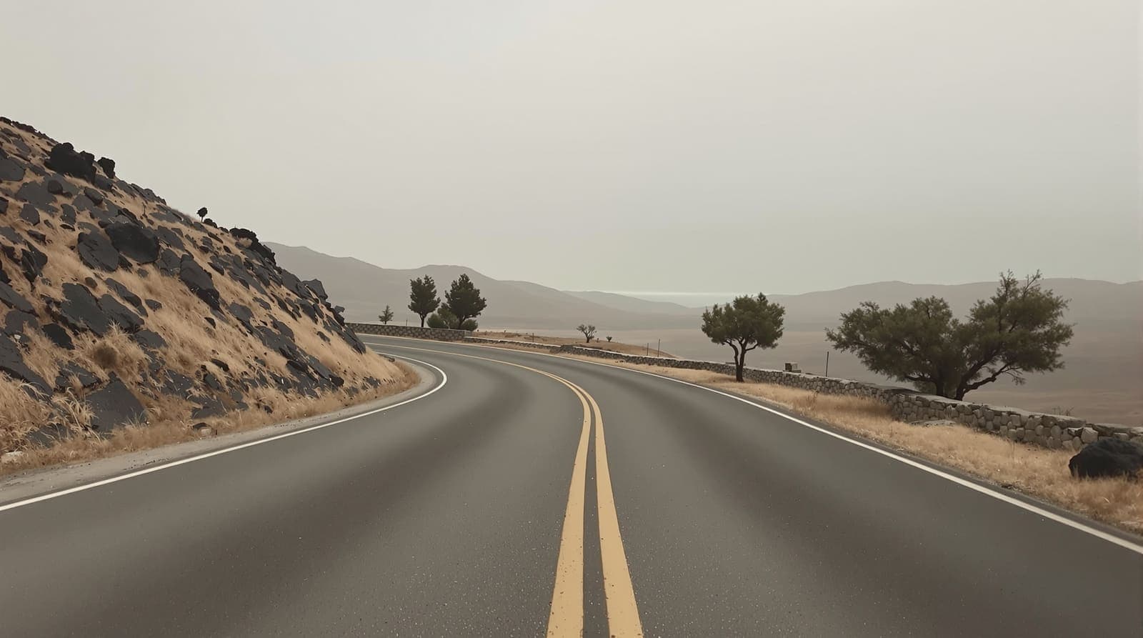 Illustration of an empty road curving across Golan Heights slopes above the Sea of Galilee under an overcast sky
