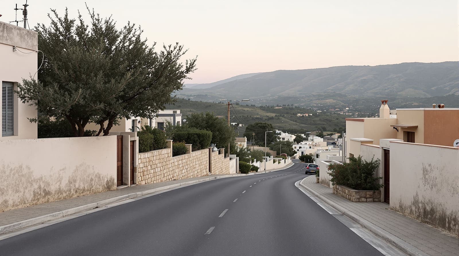 Illustration of a quiet hillside street of stone houses and olive trees in a Galilee town at dawn