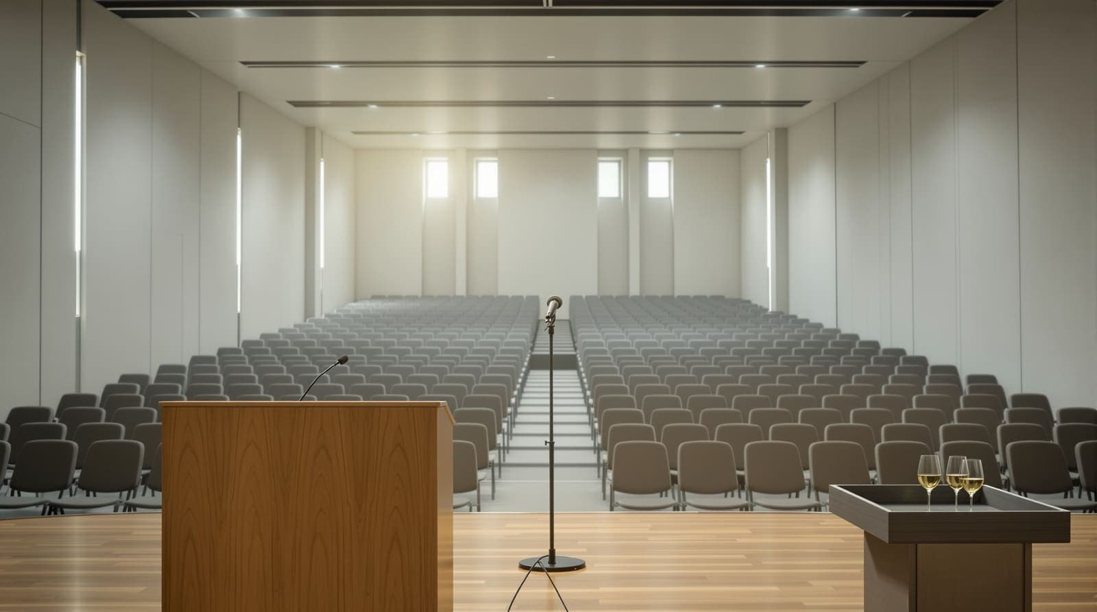 Illustration of an empty auditorium seen from behind a lone lectern on its stage, rows of vacant seats inside a secure compound north of Tel Aviv.