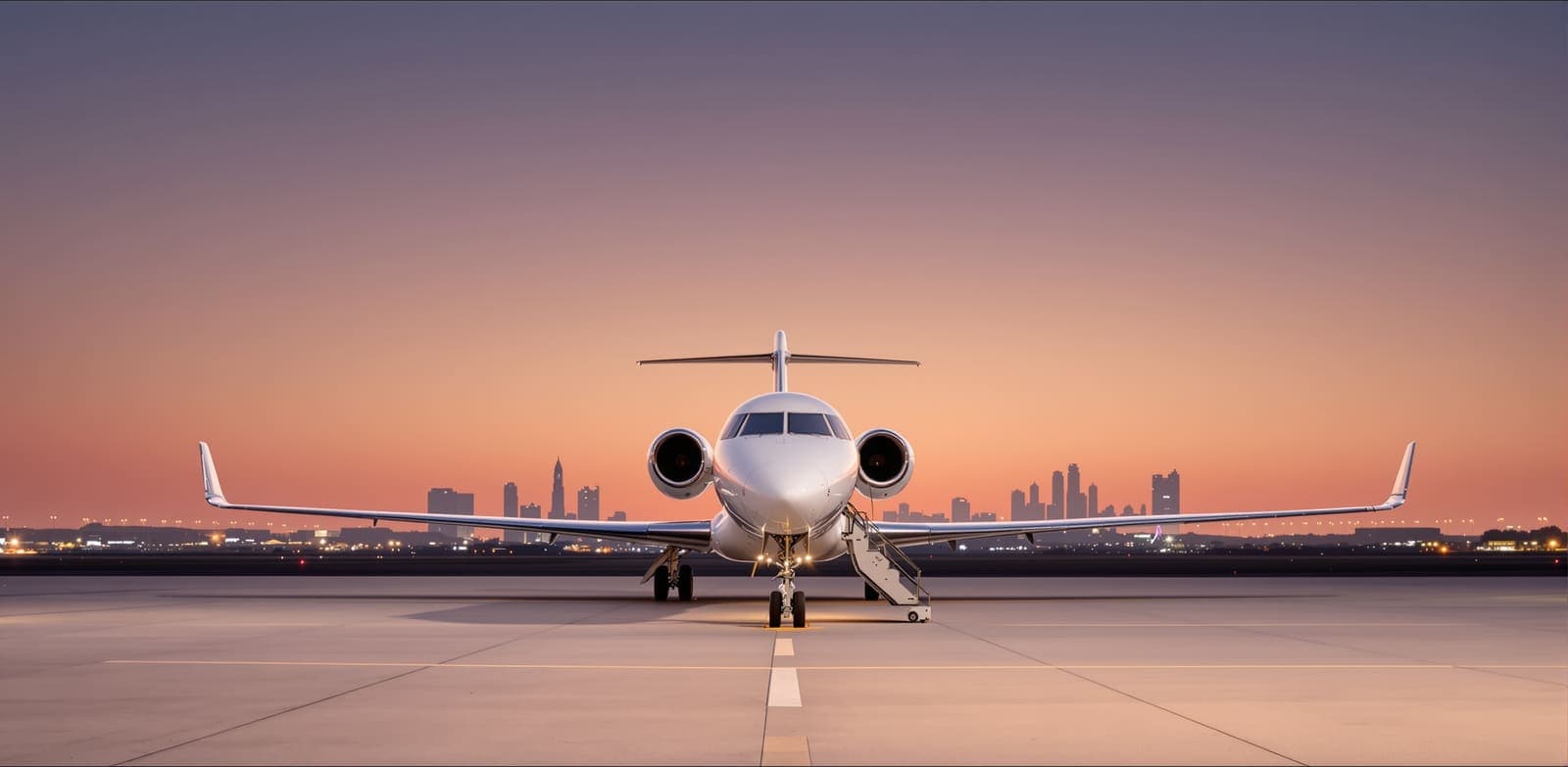 Illustration of a white private jet parked on an empty airport apron at dusk with a hazy Gulf city skyline beyond.