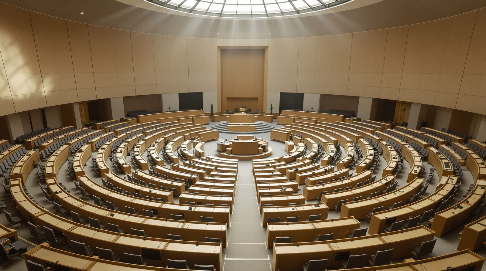 Illustration of an empty parliamentary chamber with vacant curved seating rows seen from the gallery in soft afternoon light.