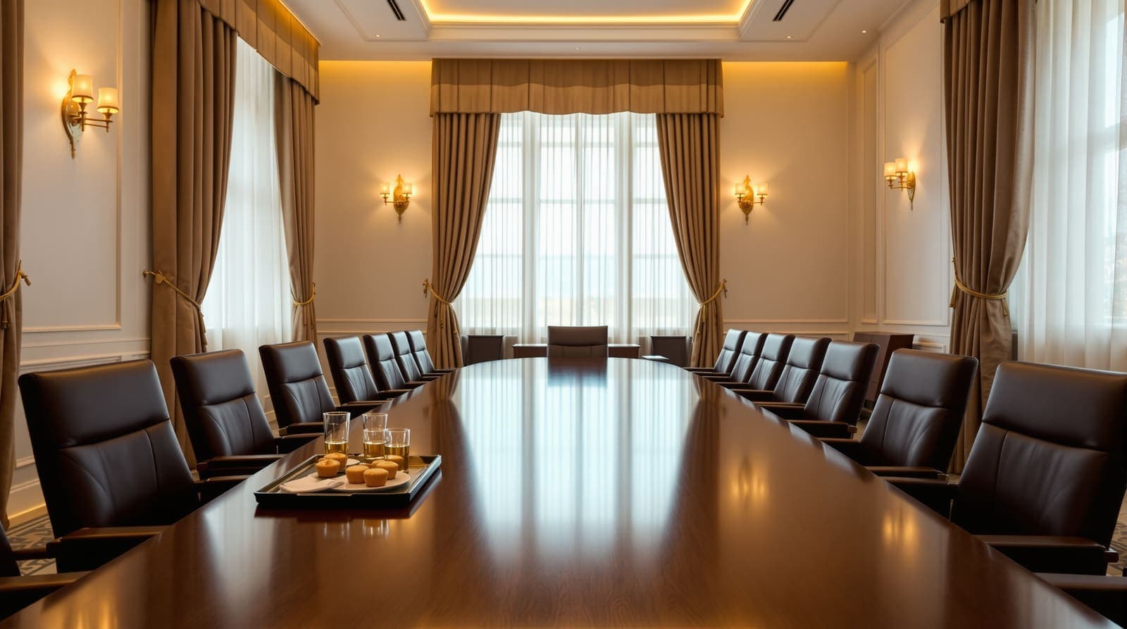 Illustration of an empty cabinet meeting room with a long polished table, chairs and a tray of small glasses in soft morning light.