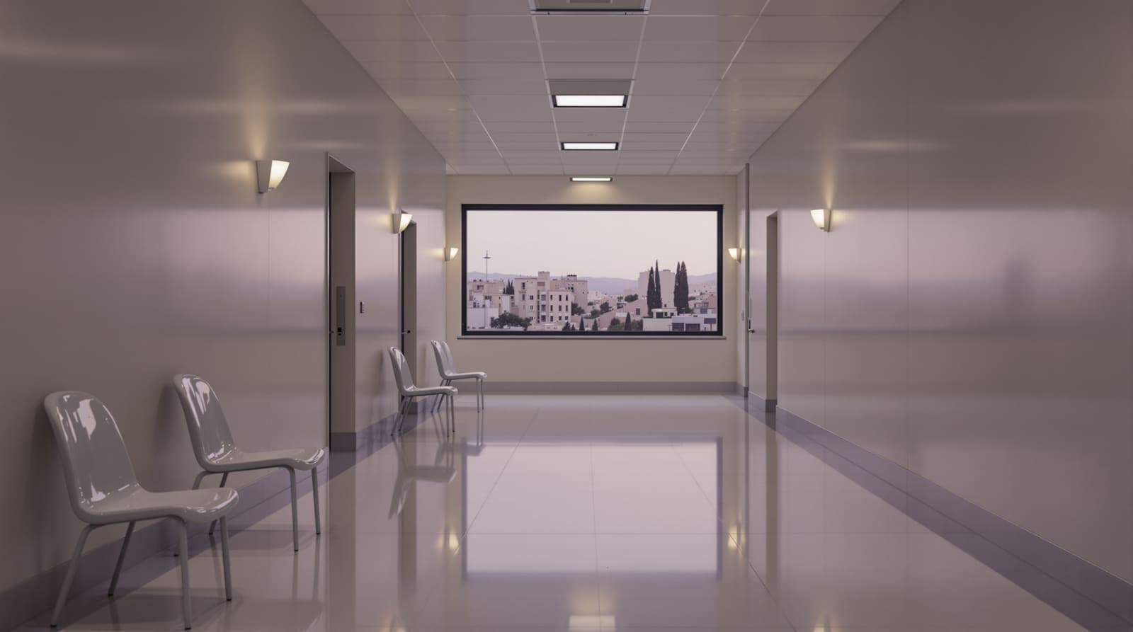 Illustration of a quiet, empty hospital corridor at dusk with a window looking out over Jerusalem limestone buildings and hills.