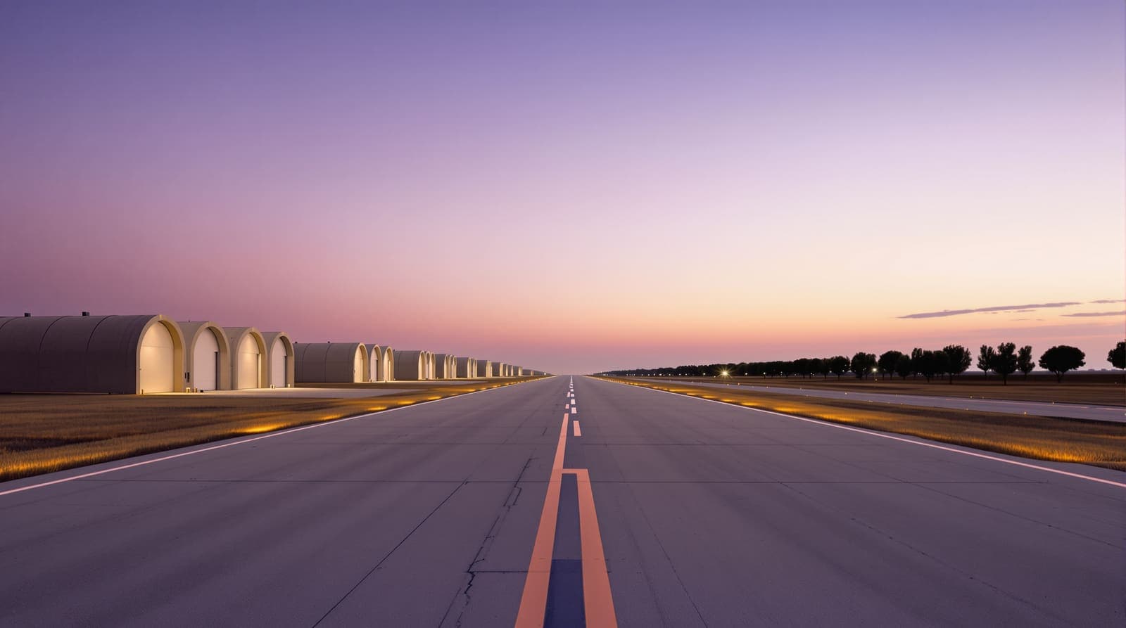Illustration of an empty air base runway with plain concrete hangars and eucalyptus trees under a dusk sky in Israel's coastal plain.