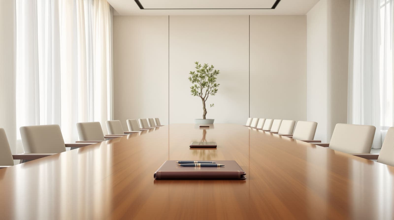 Illustration of an empty conference room with a polished meeting table, two pens and a closed folder under soft morning light