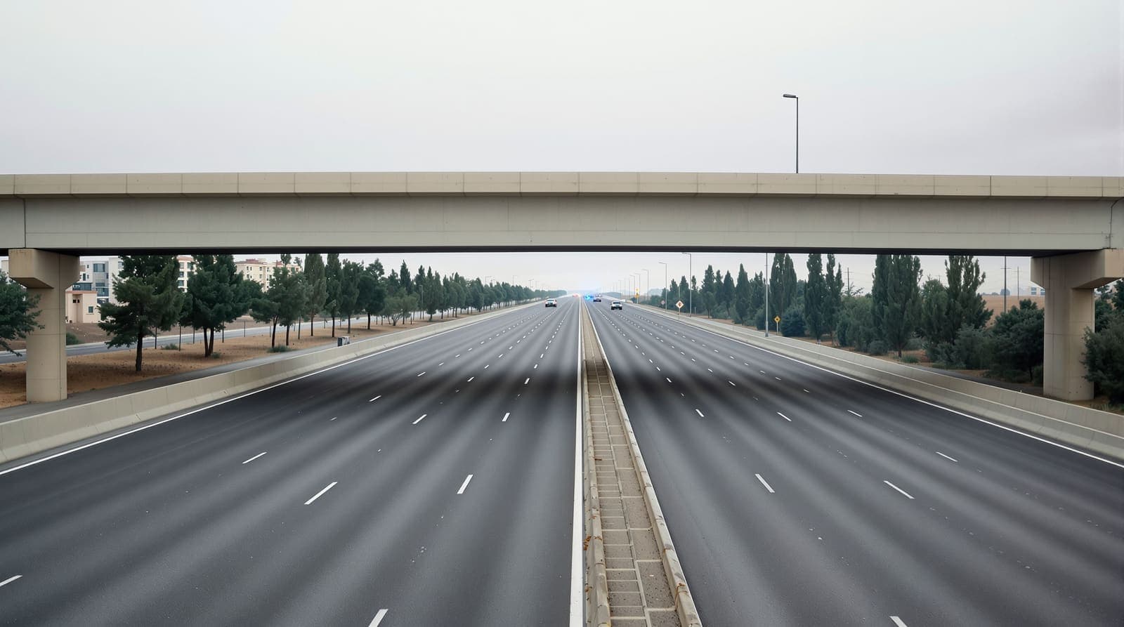 Illustration of a wide highway junction with a concrete overpass in central Israel, lanes empty under an overcast dawn sky.