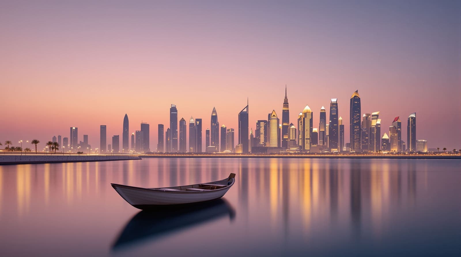 Illustration of the Doha skyline across the bay at dusk, with a wooden dhow on calm water in the foreground.