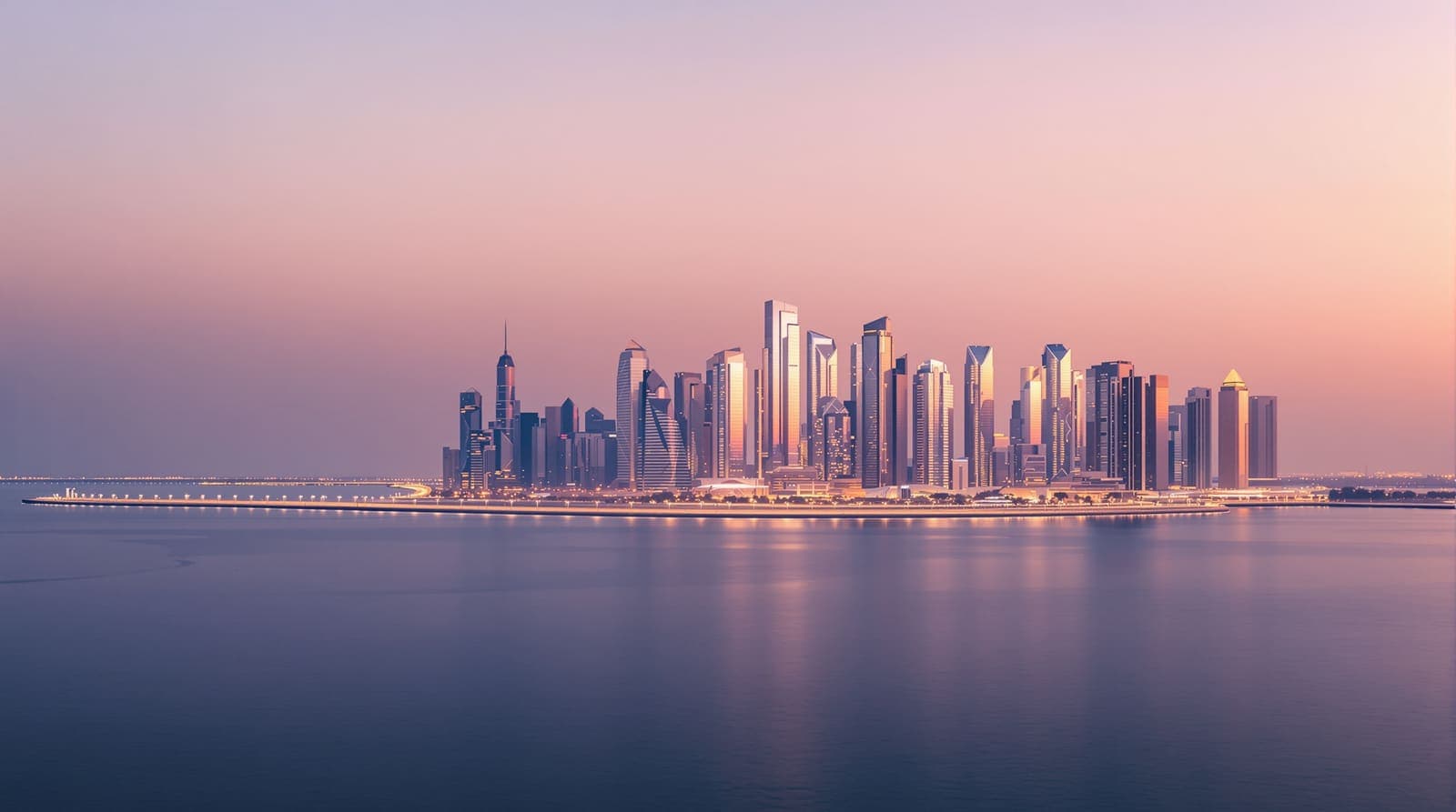 Illustration of the Doha skyline seen across calm bay waters at dusk, glass towers glowing softly in warm haze.