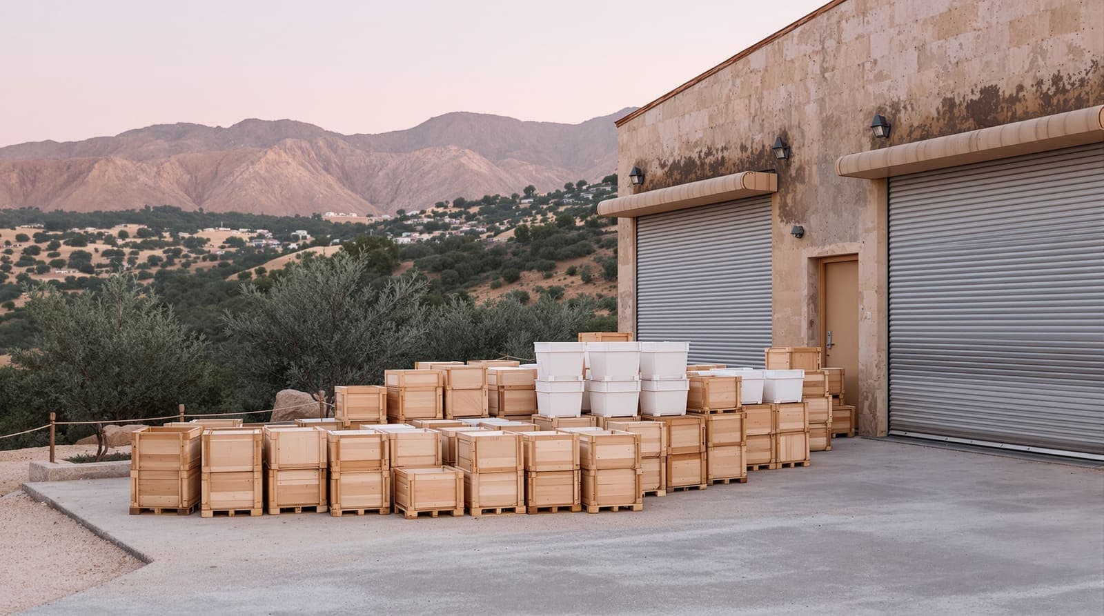 Illustration of stacked empty produce crates in a quiet hillside packing yard among olive terraces at dawn.