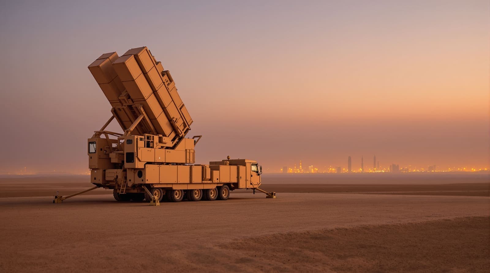 Illustration of an air defence launcher battery on a desert plain with the hazy Riyadh skyline in the distance at dusk.