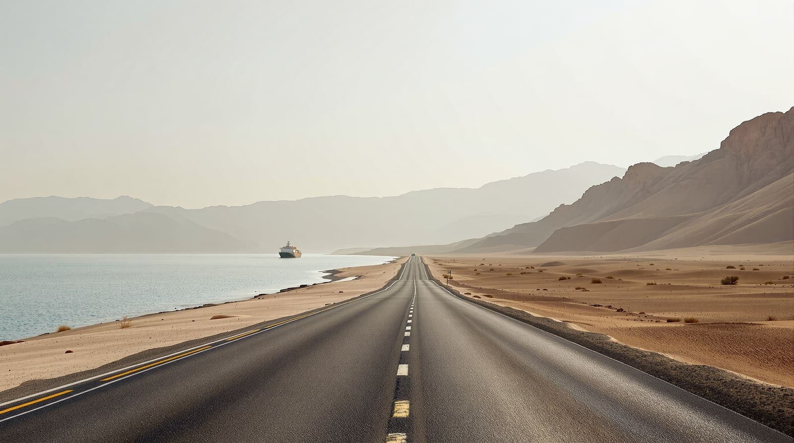Illustration of an empty coastal road on Yemen's Red Sea plain at dawn, with a distant ship offshore and mountains inland.