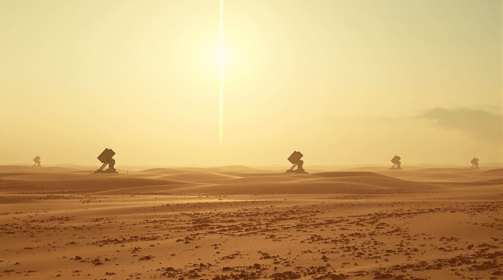 Illustration of air defence launchers on a flat desert plain at dawn beneath a high vapour trail.