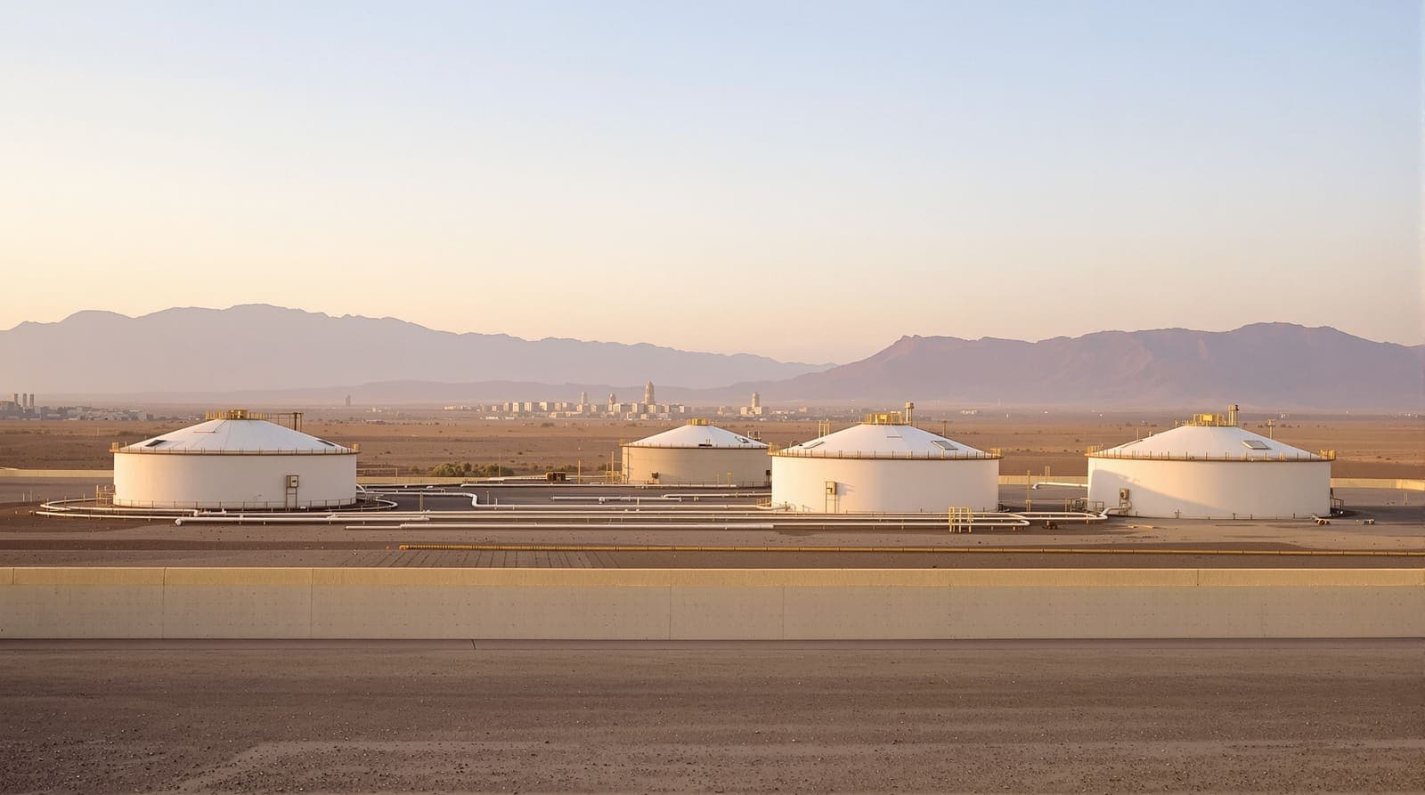 Illustration of round fuel storage tanks at a depot on the outskirts of Sanaa at dawn, with hazy mountains behind.