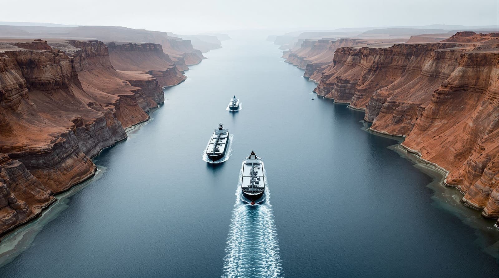 Illustration of a narrow sea strait at dawn with distant tanker silhouettes receding between bare arid ridges.