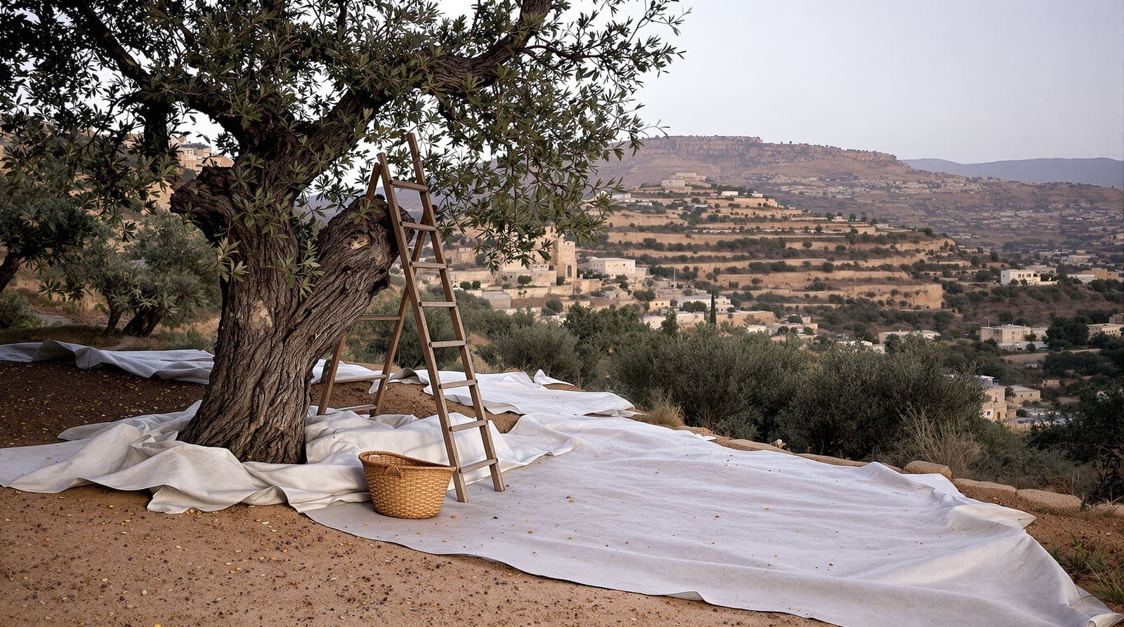 Illustration of olive terraces with a ladder and harvest tarpaulins on a hillside above a West Bank village at dawn