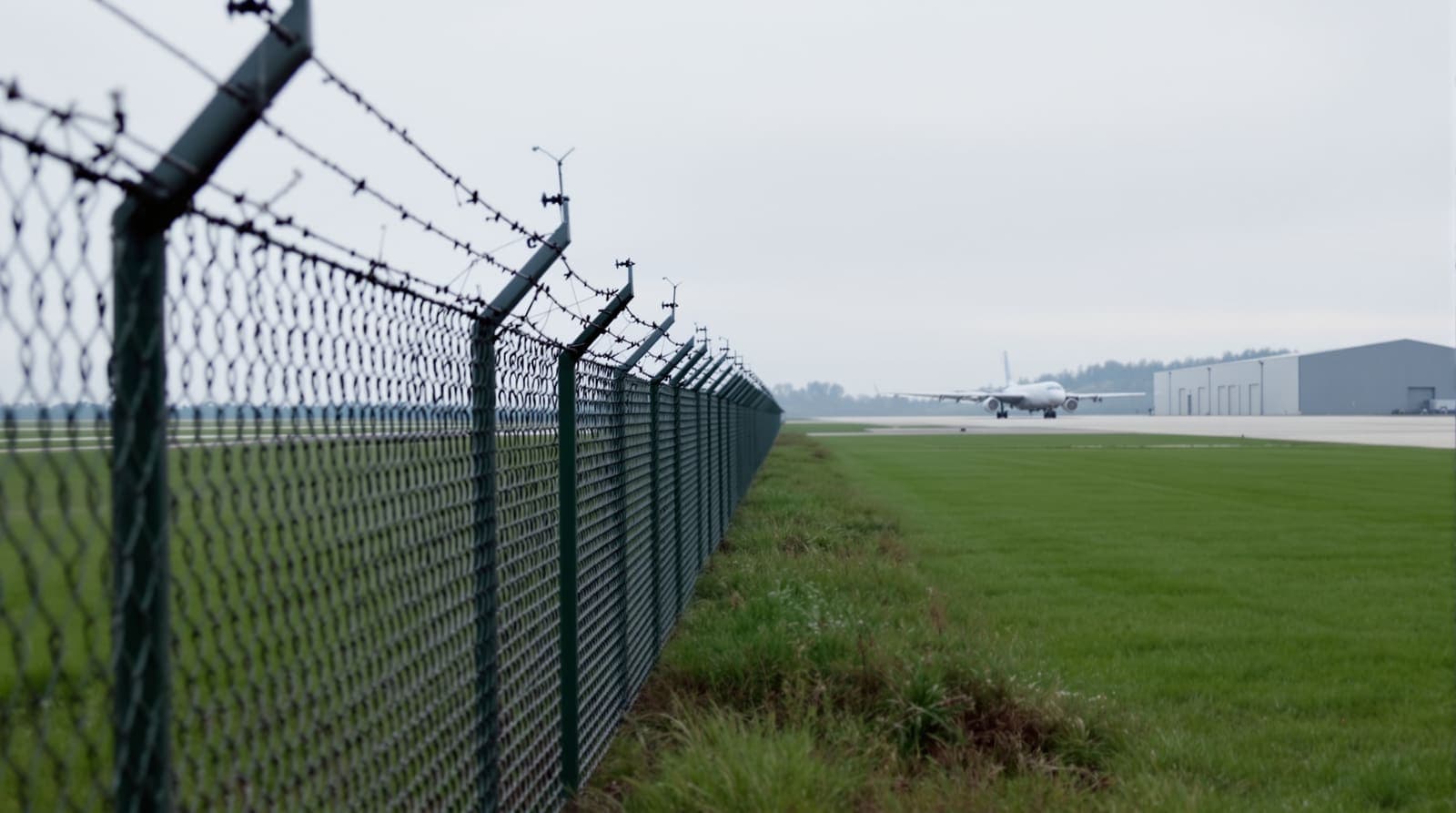 Illustration of an airbase perimeter fence and distant runway with a parked bomber beside English fields under an overcast dawn sky.
