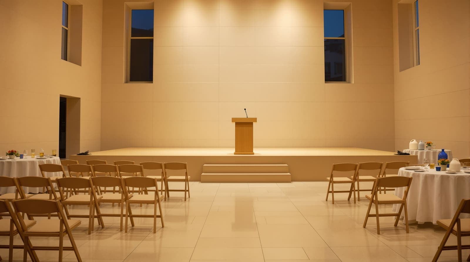 Illustration of an empty campaign hall with a vacant podium, folding chairs and pale limestone walls in soft evening light.
