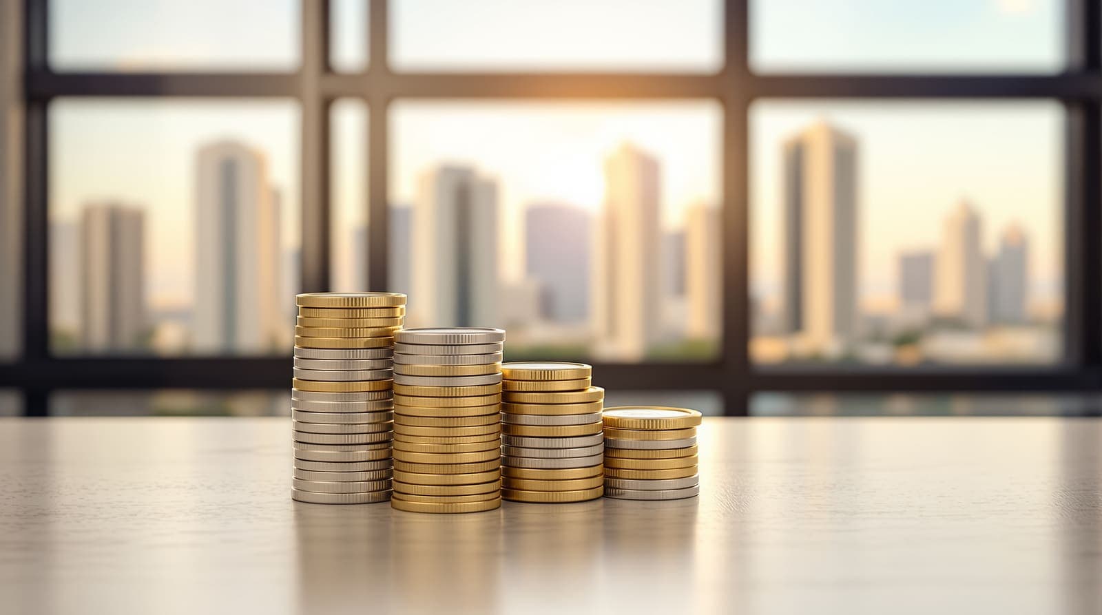 Illustration of stacked shekel coins on a stone counter with a hazy Tel Aviv skyline blurred behind in afternoon light.