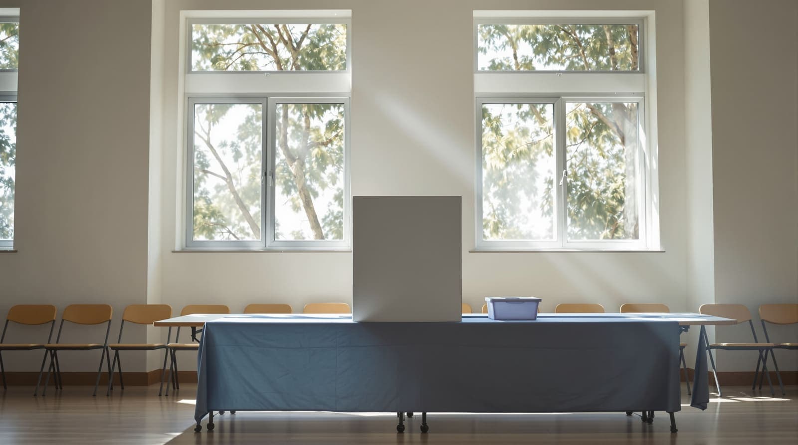 Illustration of a quiet polling station in a limestone school hall with a plain ballot box on a cloth-covered table in morning light.