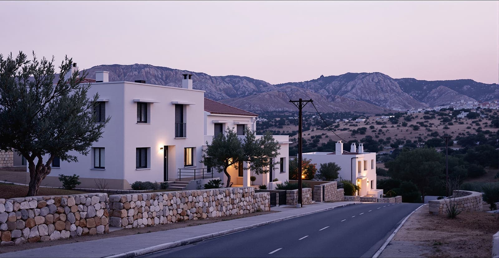 Illustration of a quiet street of pale stone houses in a Galilee hill town at dusk, with olive trees and ridgelines behind.