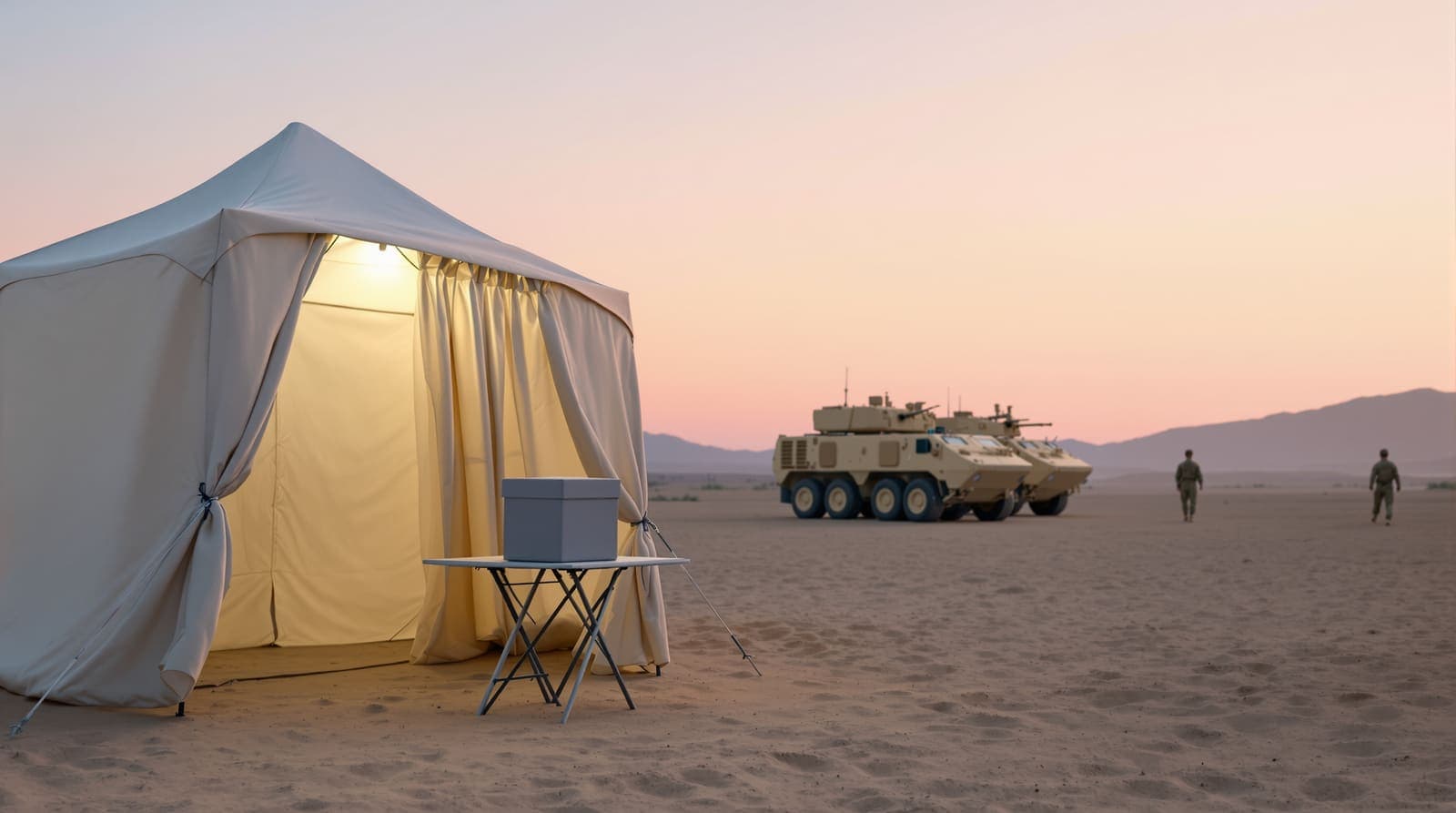 Illustration of a canvas field polling tent with a ballot box at a desert army base, armoured vehicles parked in the distance at dawn