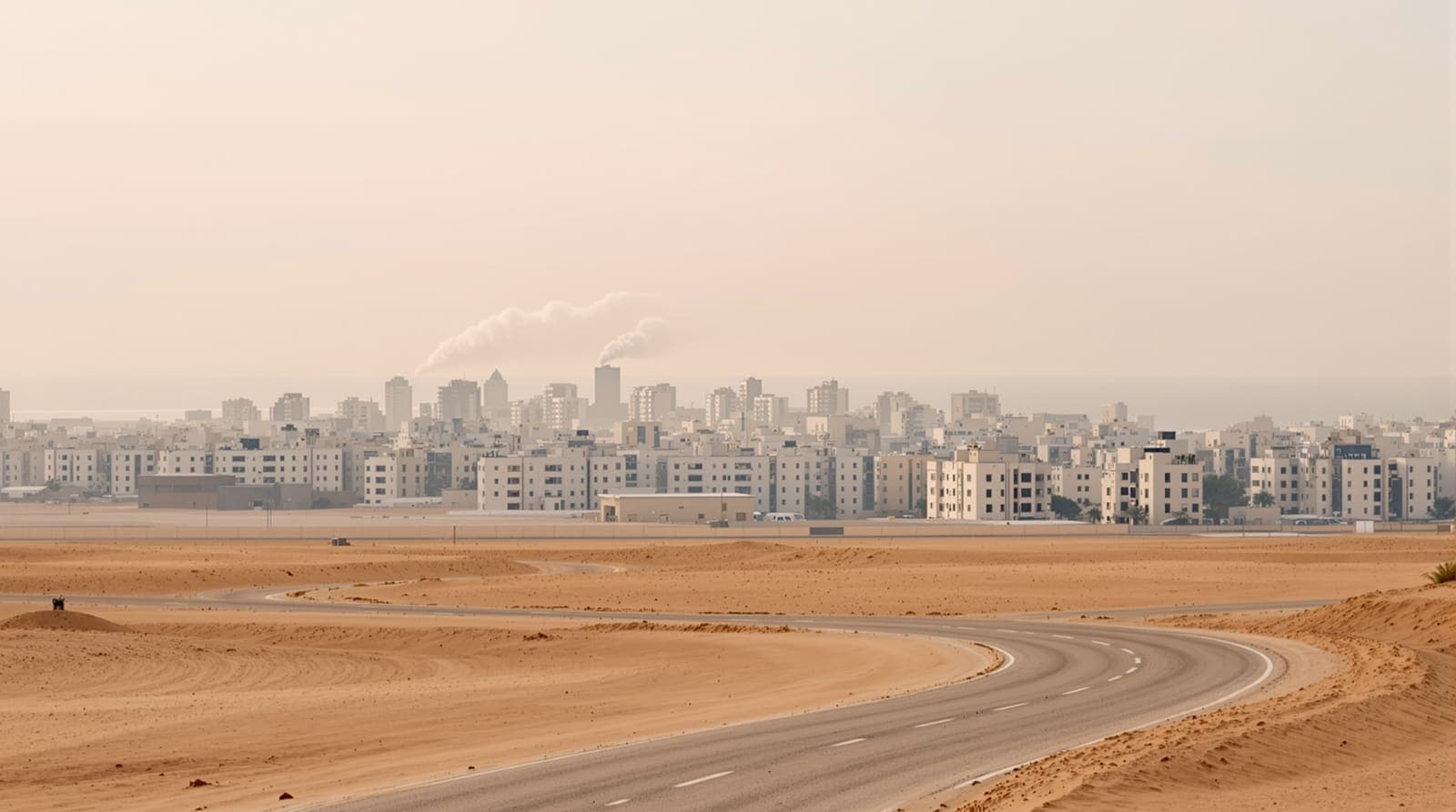 Illustration of the Gaza City skyline in morning haze, seen from a distance across open sandy ground with an empty road.