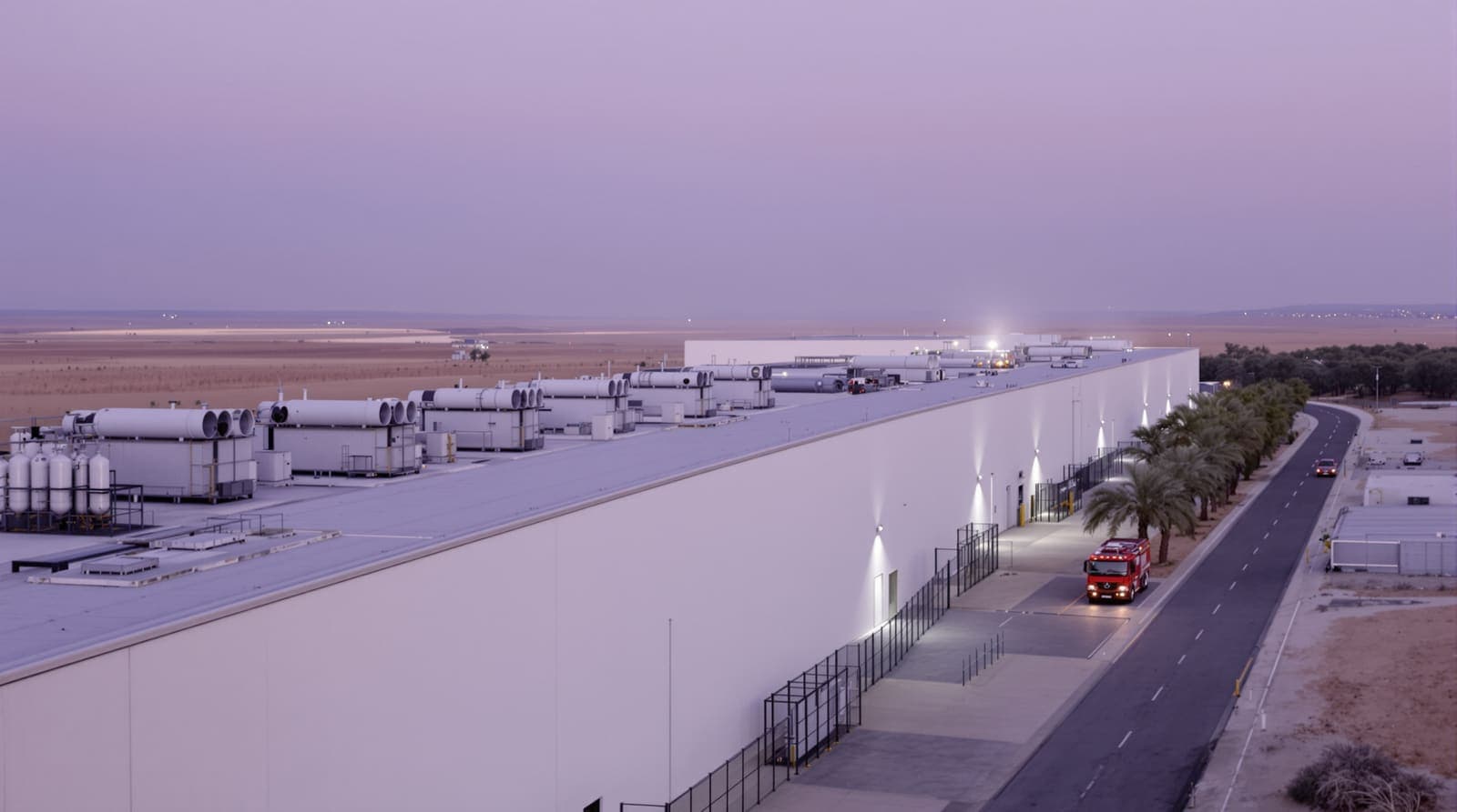 Illustration of a large semiconductor plant's pale exterior in a southern Israeli industrial park under a hazy dusk sky.