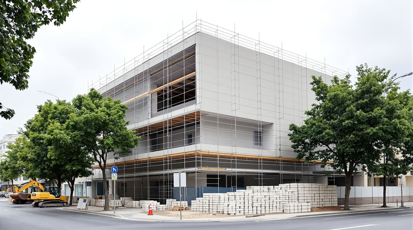 Illustration of a scaffolded Bauhaus building under renovation on a tree-lined Tel Aviv boulevard corner in overcast morning light.