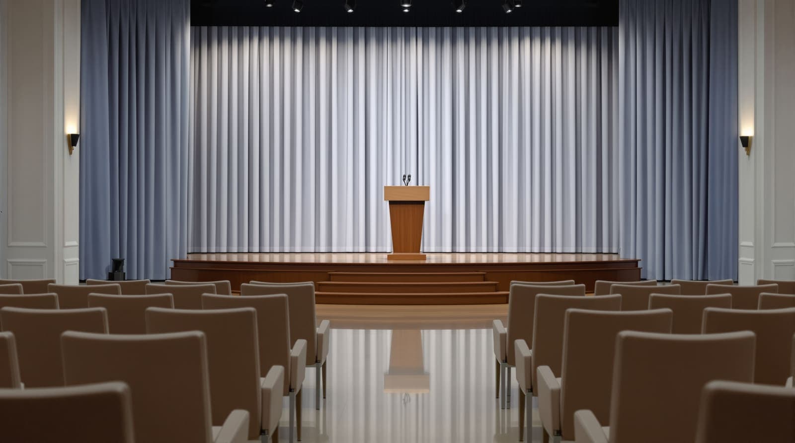 Illustration of an empty press briefing room with a plain podium before blue curtains, seen from the back row of vacant seats.