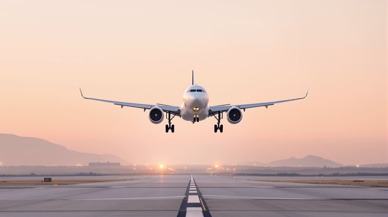 Illustration of a white passenger jet on approach over a runway at Ben Gurion Airport at dawn, with scrub hills on the horizon.