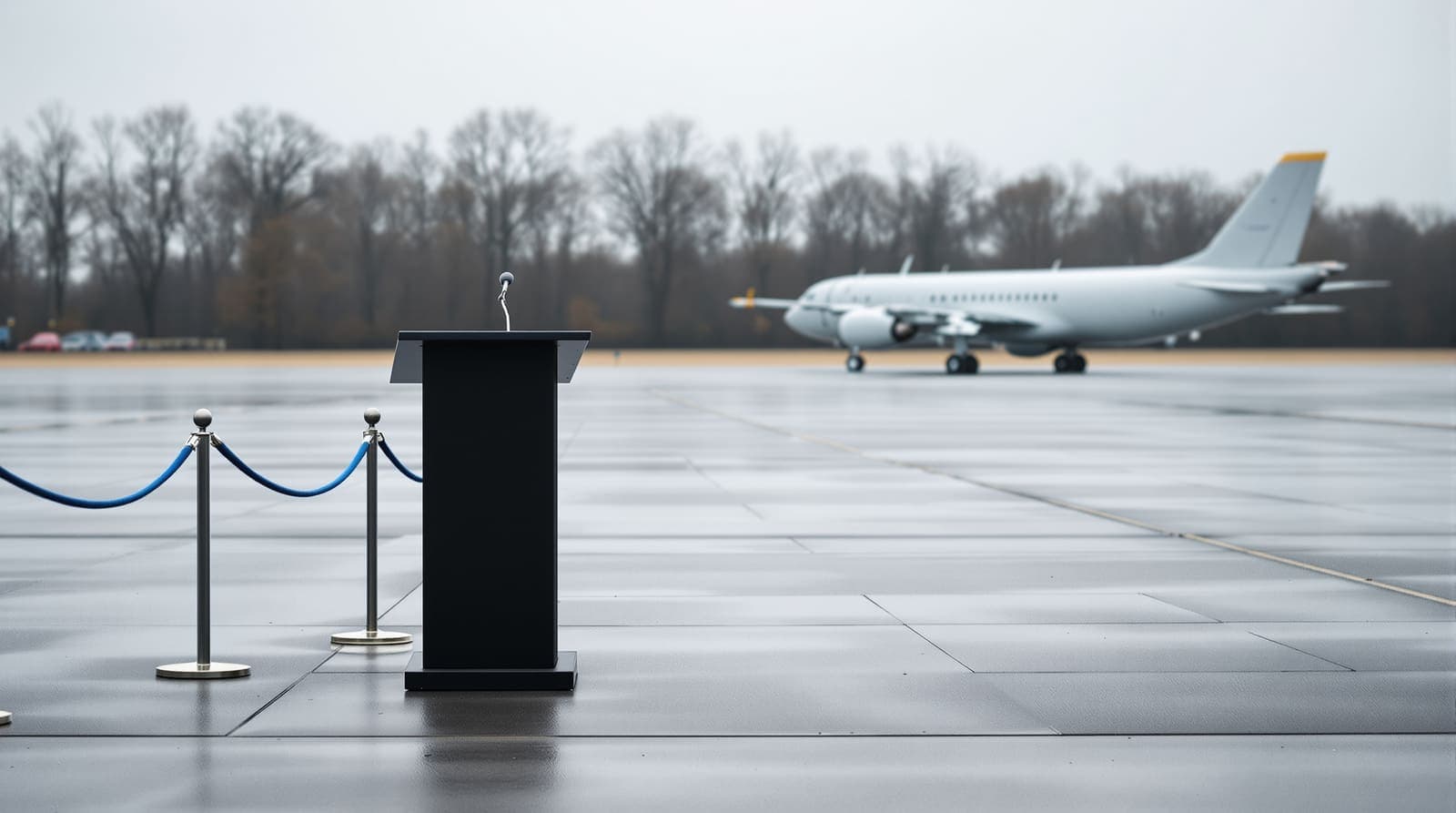 Illustration of an empty airbase apron in Maryland with a lone lectern and a distant parked aircraft under overcast light.