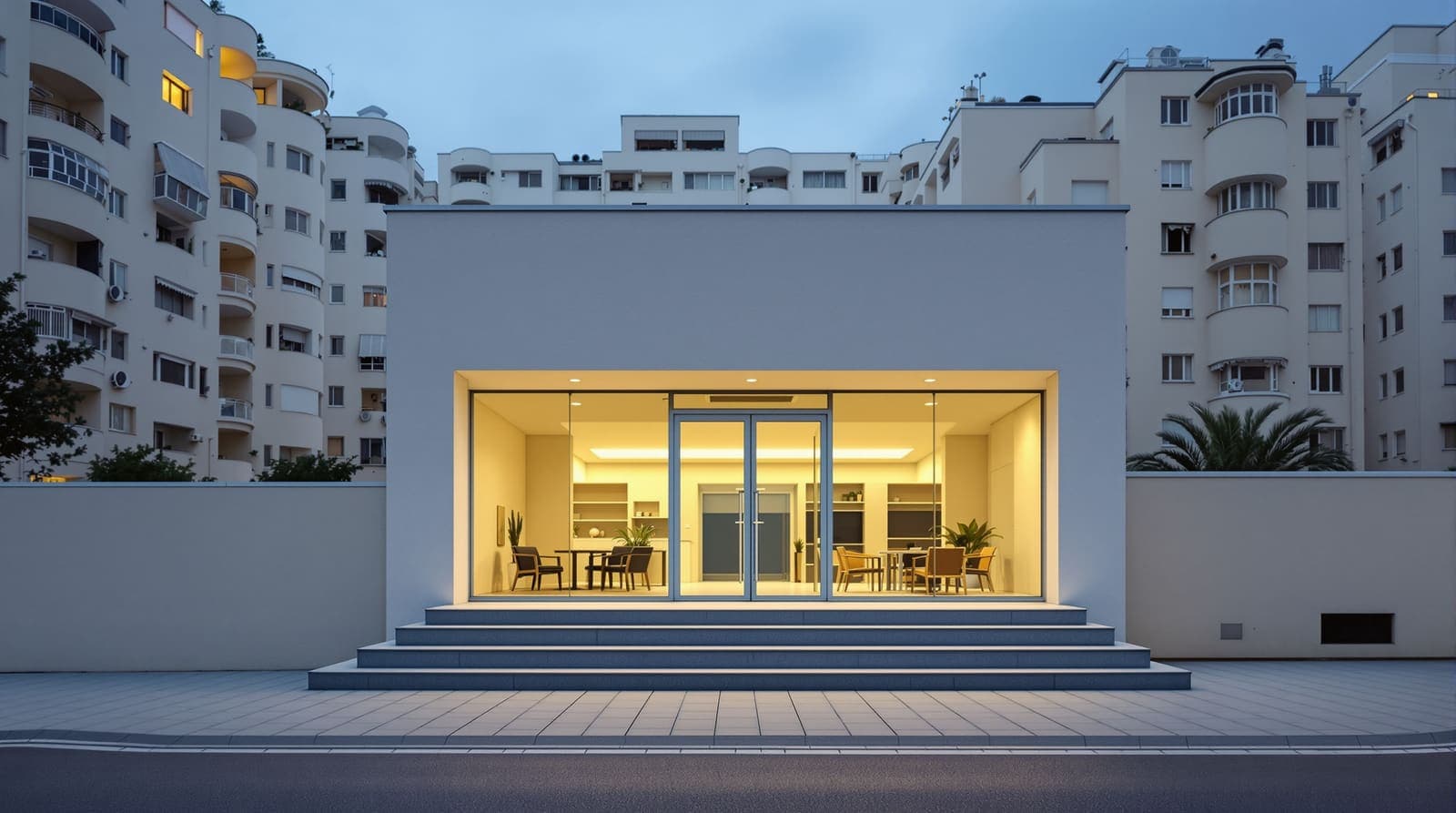 Illustration of the glass entrance of a pale concrete office building on a quiet residential street in Bnei Brak at dusk.