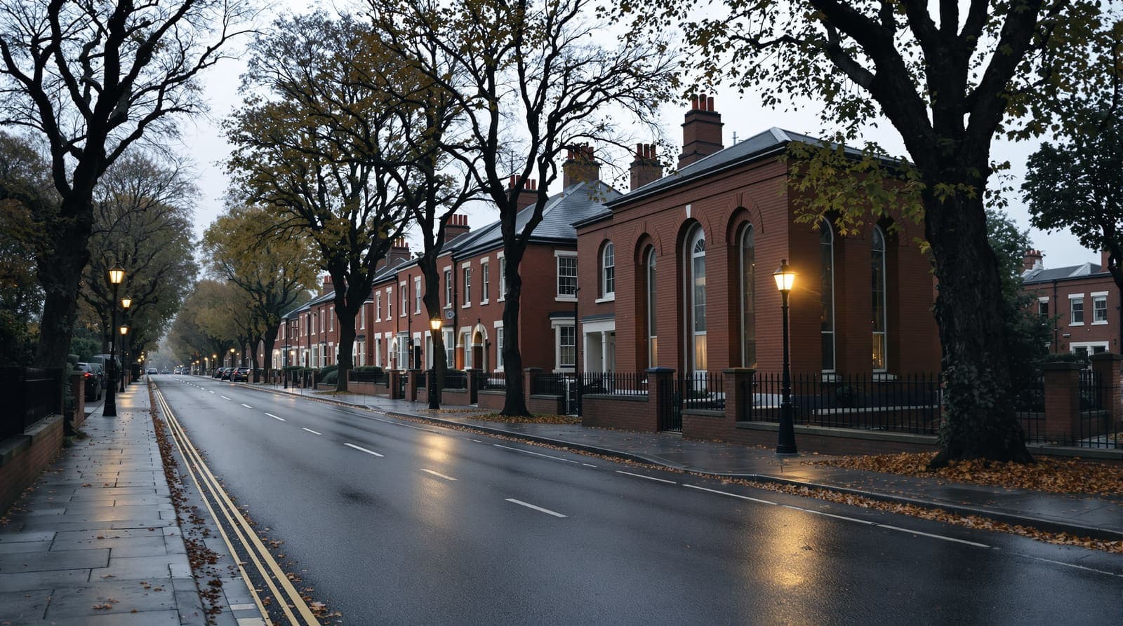 Illustration of a quiet red-brick residential street in north Manchester at dawn, with a modest brick synagogue behind iron railings.