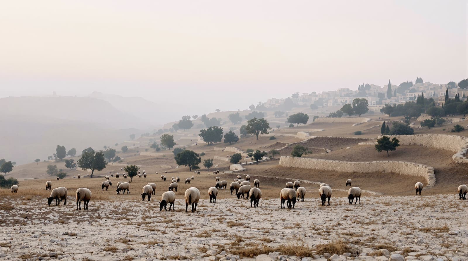Illustration of a dozen sheep grazing across a terraced limestone hillside east of Ramallah at first light, a village pale on the far ridge.